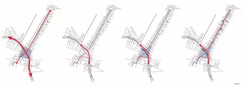 1.Un grand carrefour envahis par la voiture; 2.Modification du tracé de la Nationale 3.Modification du relief pour créer une place basse et une place haute.4.Modification du tracé de la rue pour rompre la ligne droite - rénovation des usoirs.