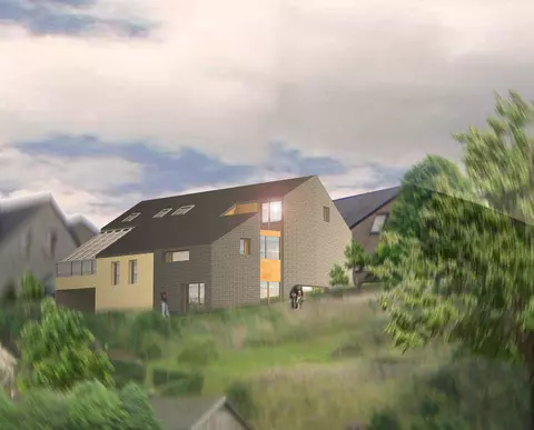 Vue 3D. Maison existante à gauche. Projet d'extension en ardoise à droite.