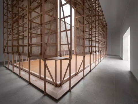 Beech wood skeleton clad in mycelium panels, aligned with the existing skylight, rammed earth floor.