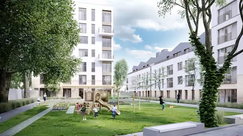 Vue du jardin communautaire et des logements